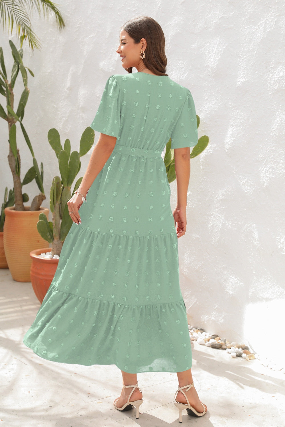Swiss dot tied surplice short sleeve dress