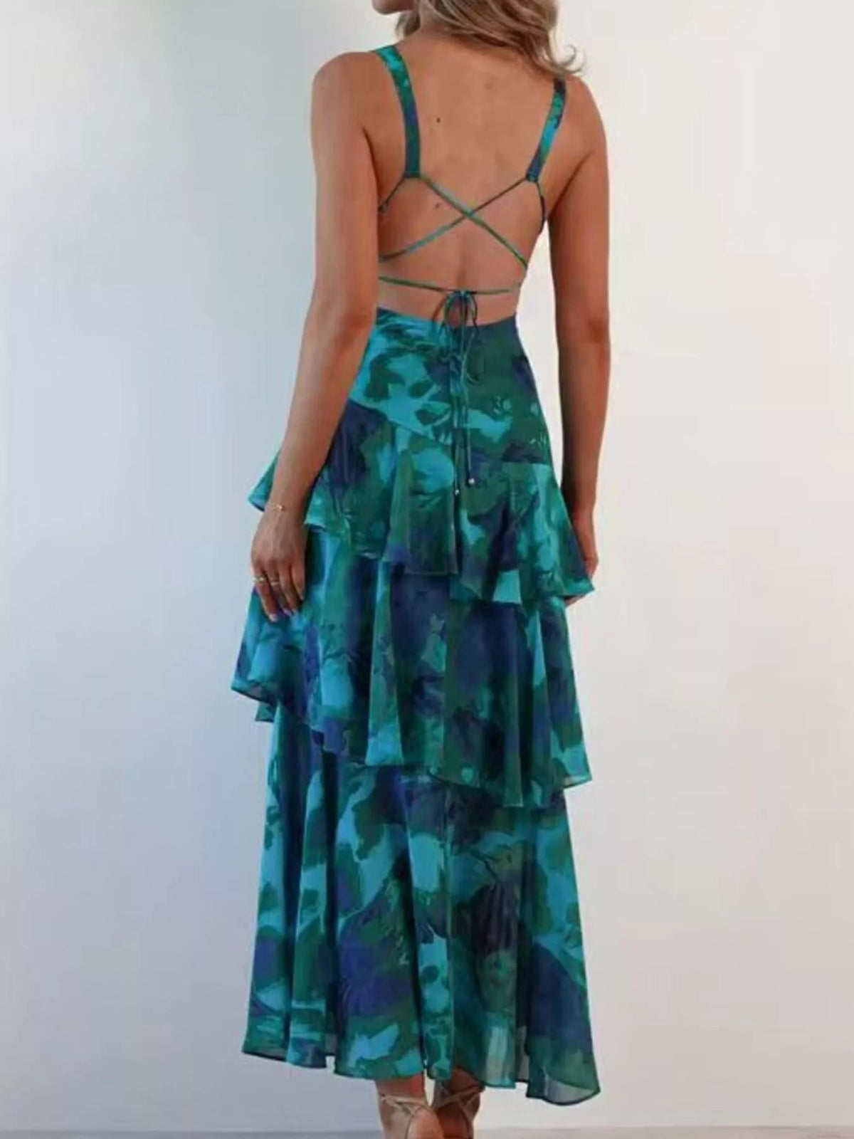 V-neck sleeveless floral print layered ruffle maxi dress