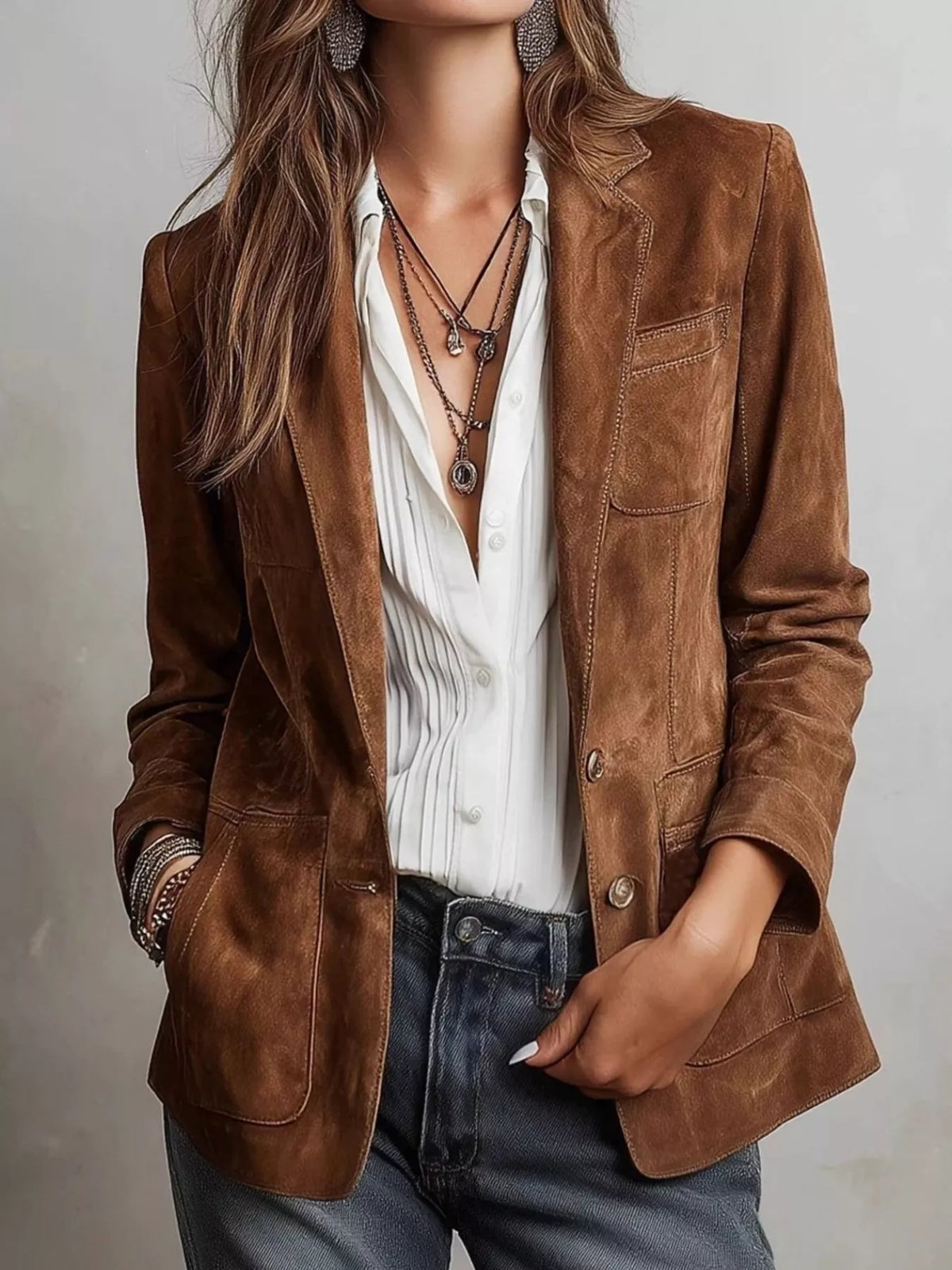Lapel collar button up blazer, Caramel