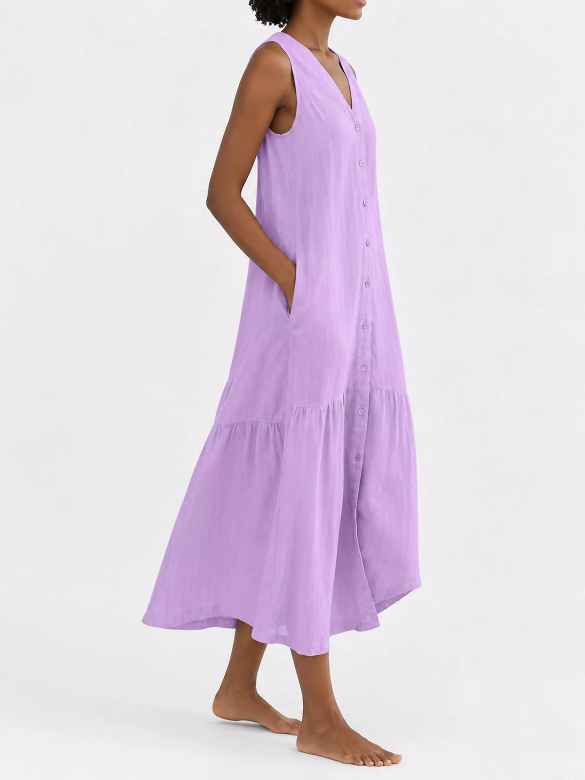 V-neck button front sleeveless midi dress