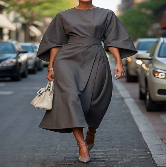 Balloon-sleeve midi dress – gray
