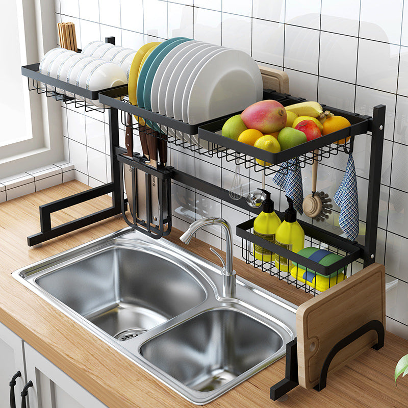 Égouttoir à vaisselle en acier inoxydable noir 65/85 cm en forme de U pour évier, support de rangement de cuisine à deux niveaux