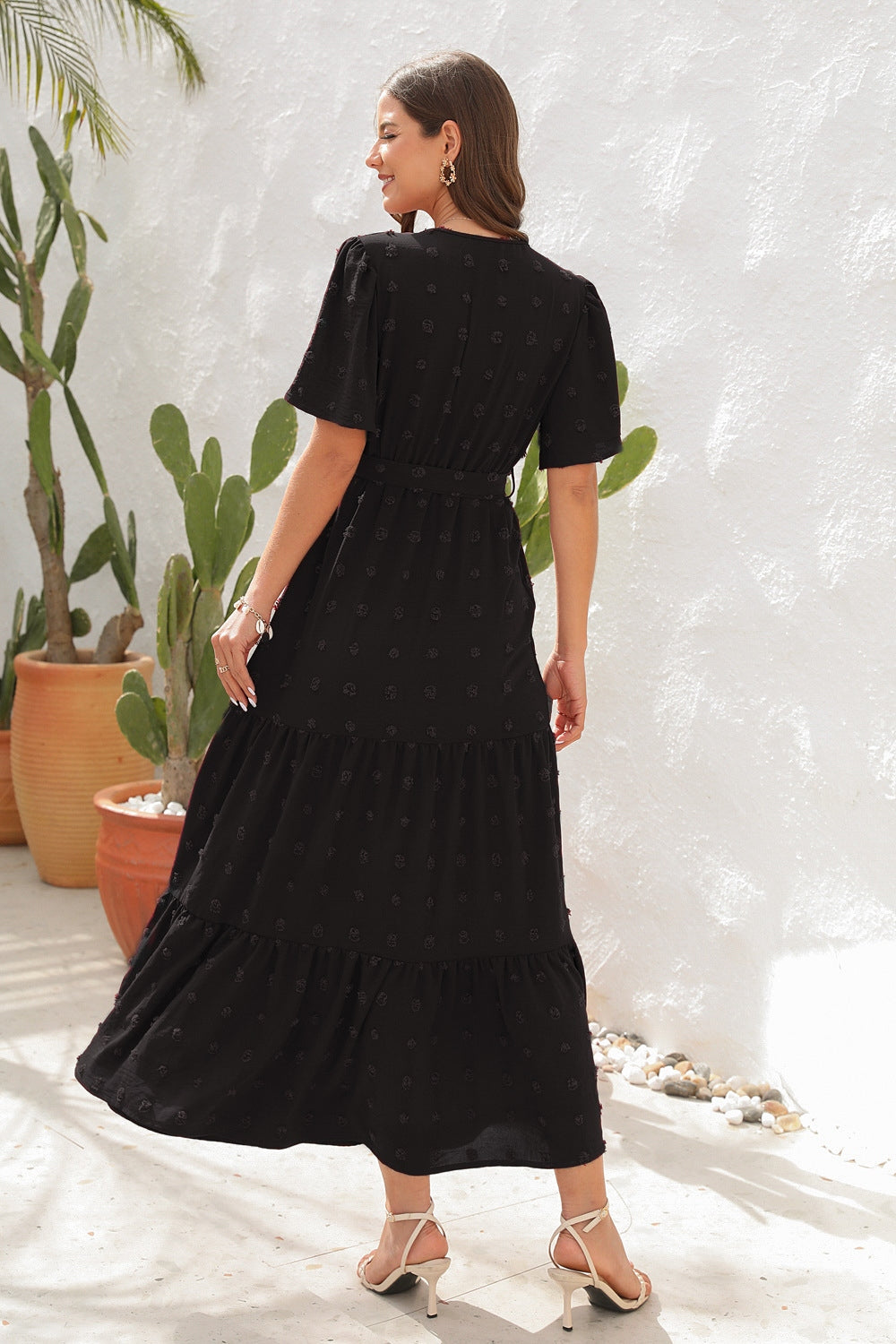 Swiss dot tied surplice short sleeve dress