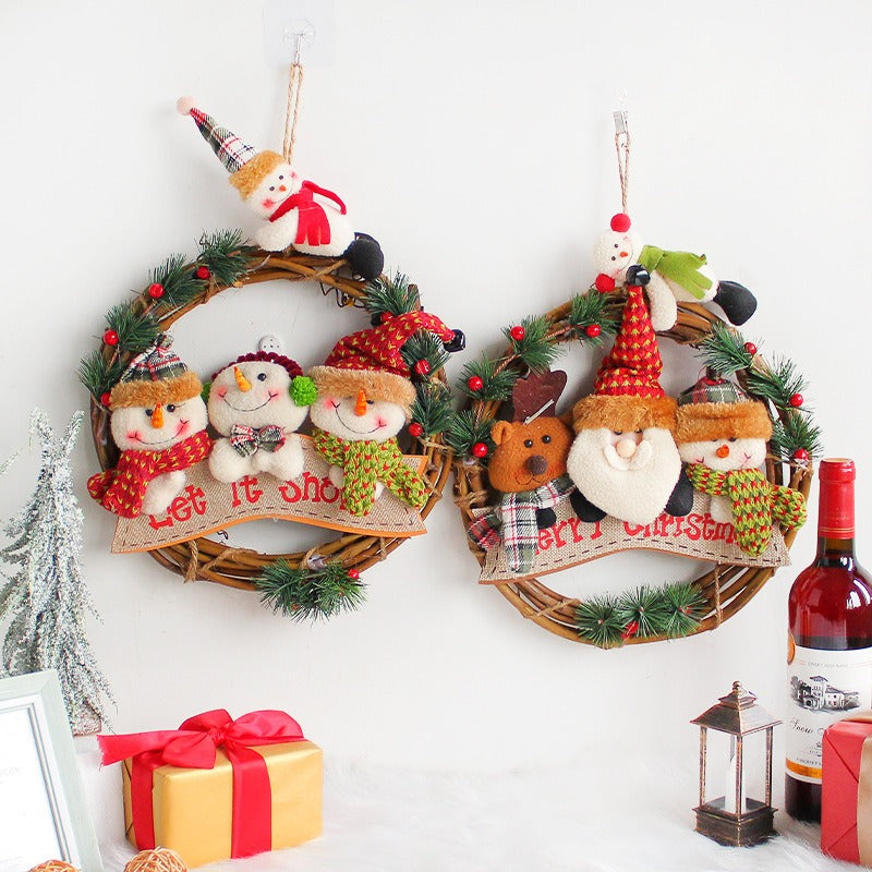 Christmas decorations snowmen elderly dolls rattan garlands wall display windows door hanging rattan rings, pendants