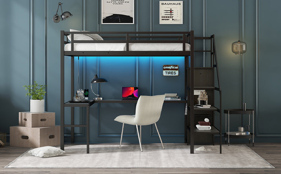 Full sized loft bed with L-shaped desk and USB, metal loft bed with wardrobe and adjustable shelf, black color