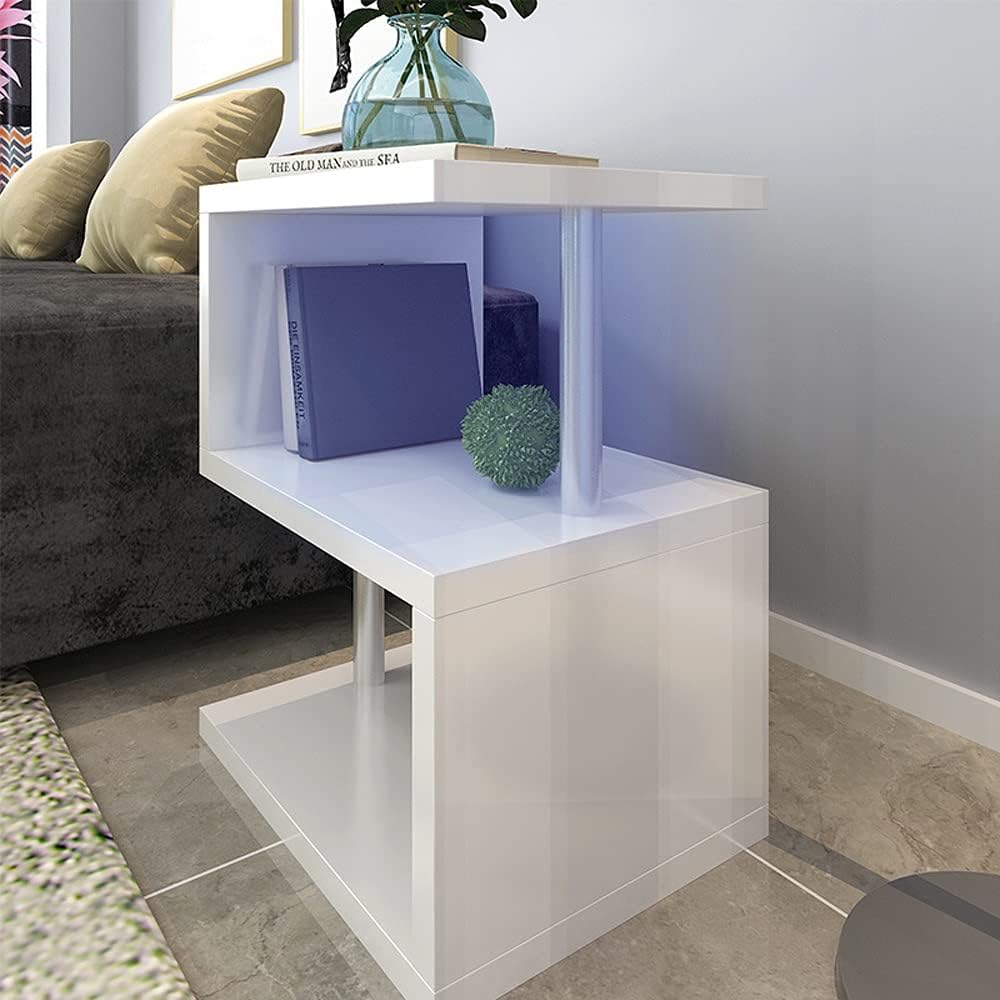 3-layer S-shaped coffee table, high gloss side table with open storage rack and USB power supply, white LED coffee table