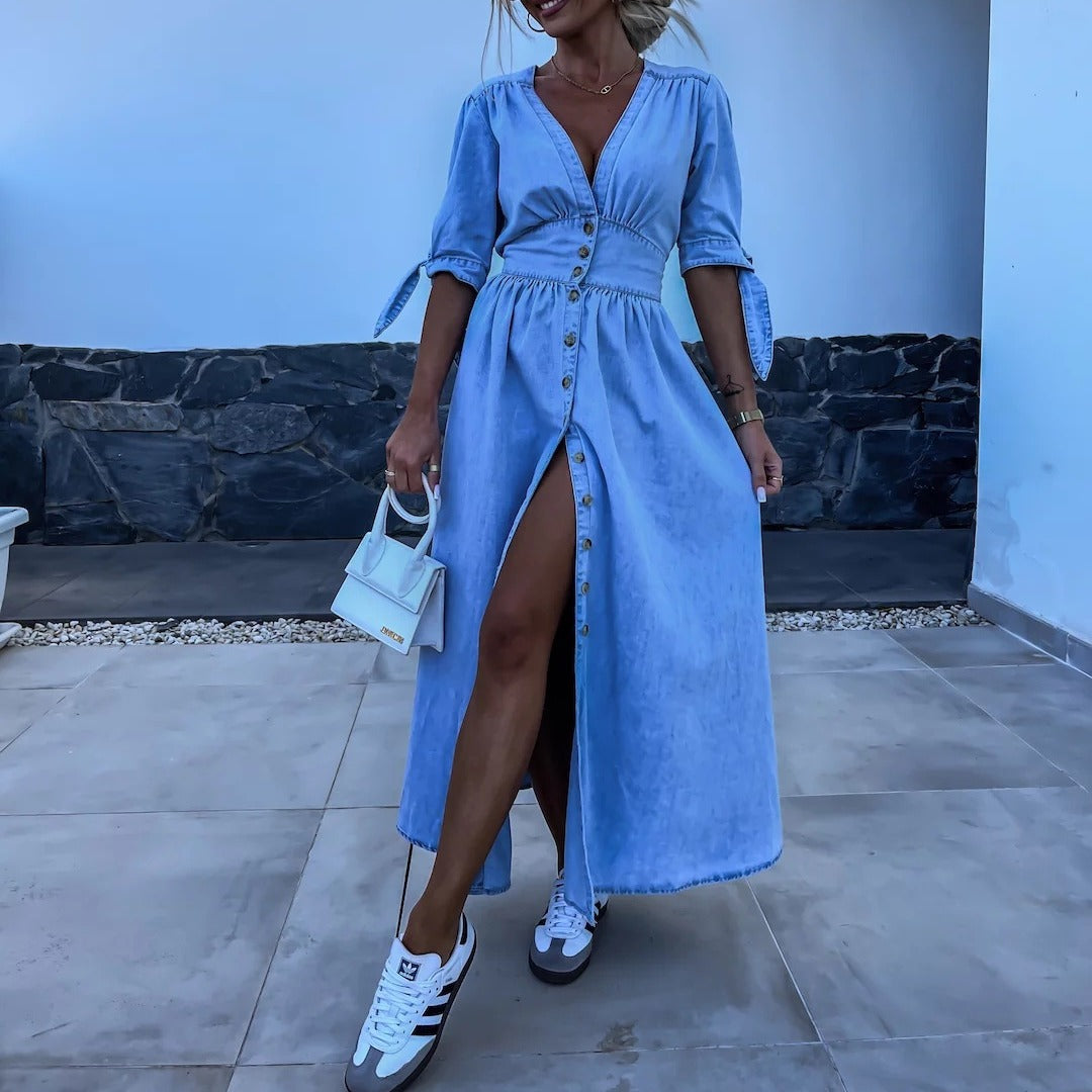 Button-front V-neck midi dress