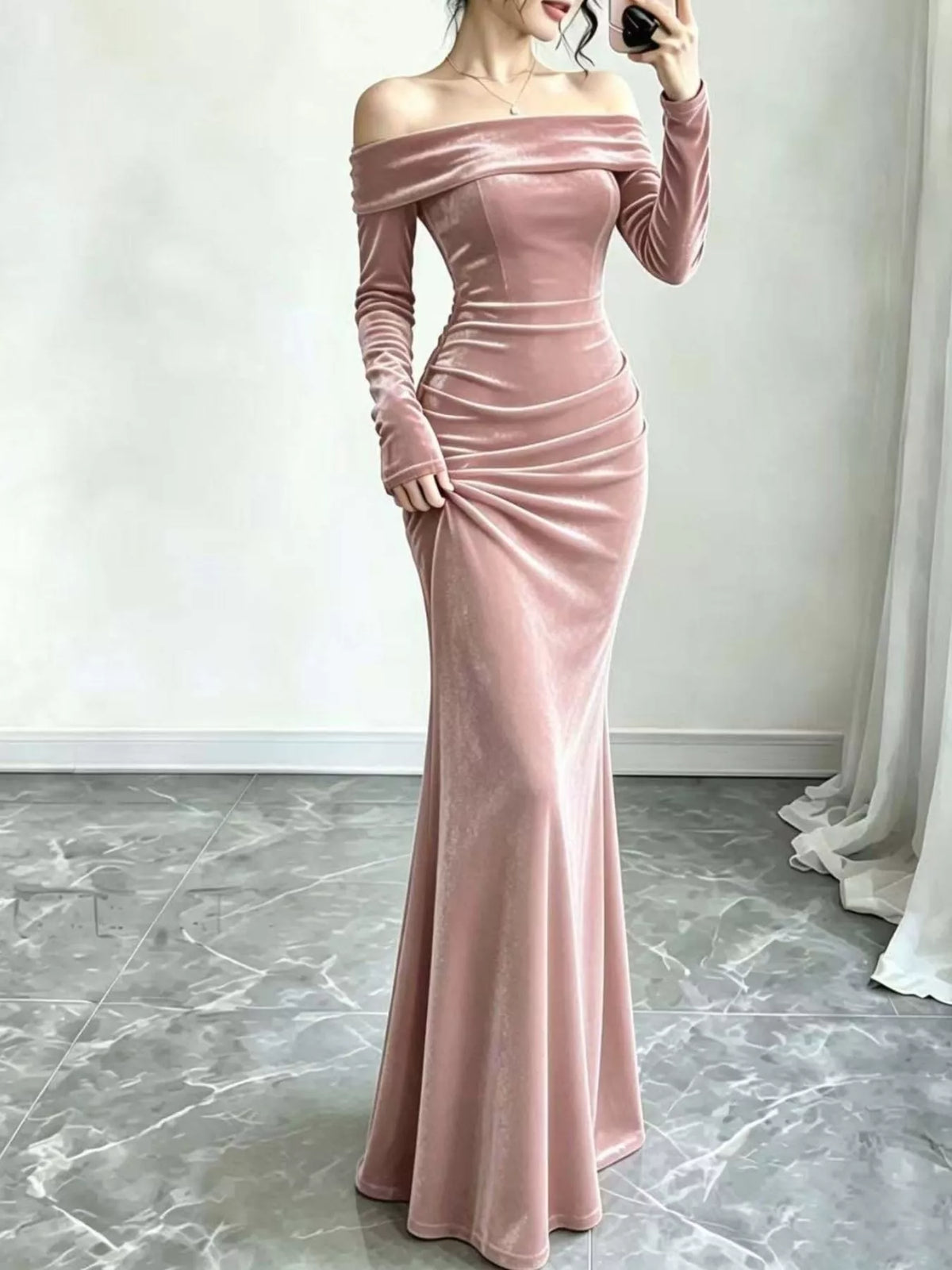Velvet off-shoulder mermaid dress – pink