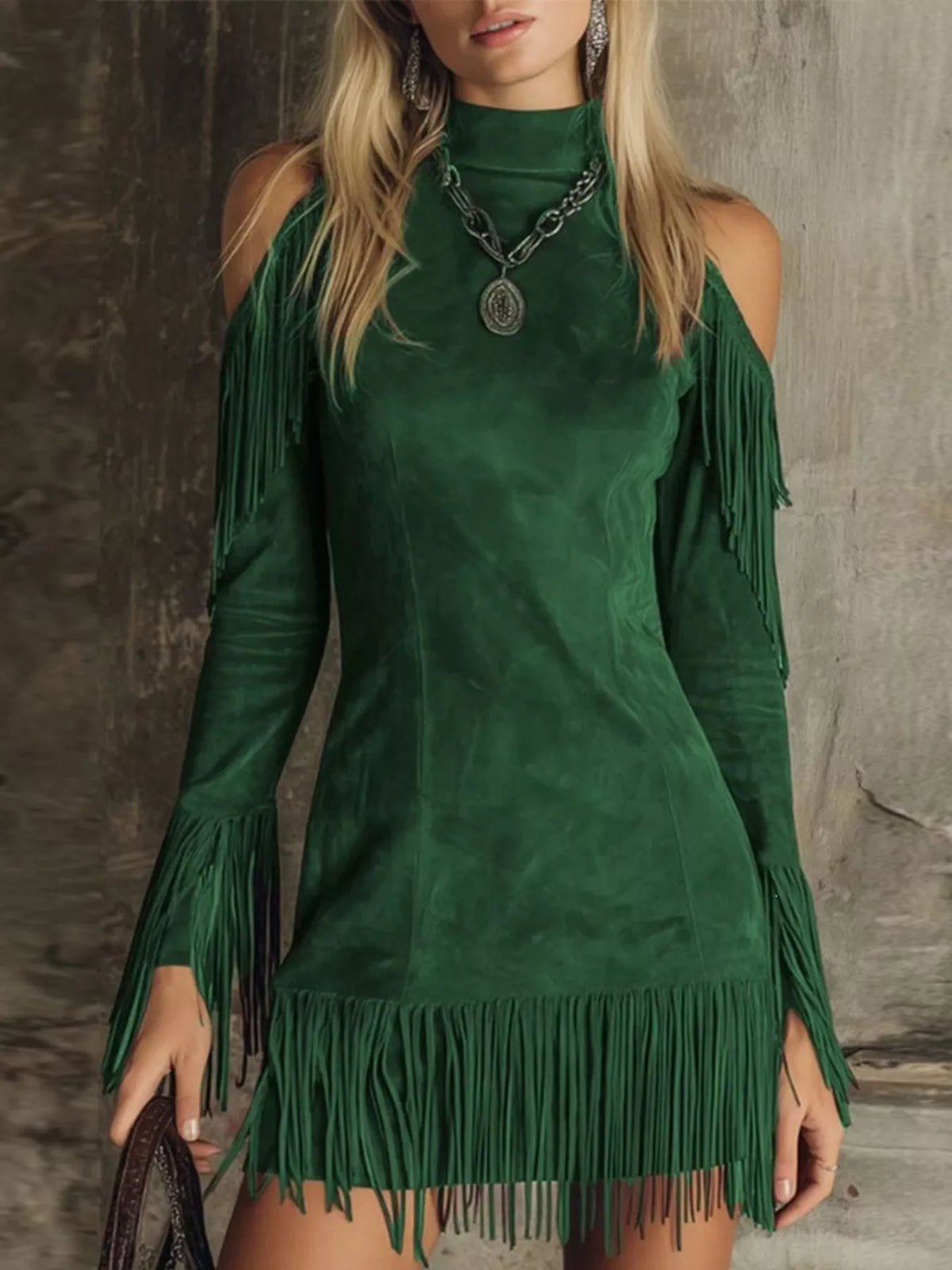 Fringed cold-shoulder dress – green