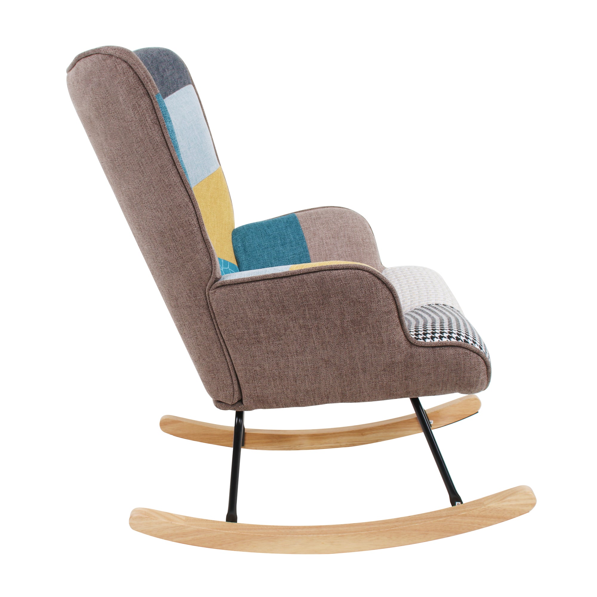 Rocking Chair with ottoman, Mid Century Fabric Rocker Chair with Wood Legs and Patchwork Linen for Livingroom Bedroom