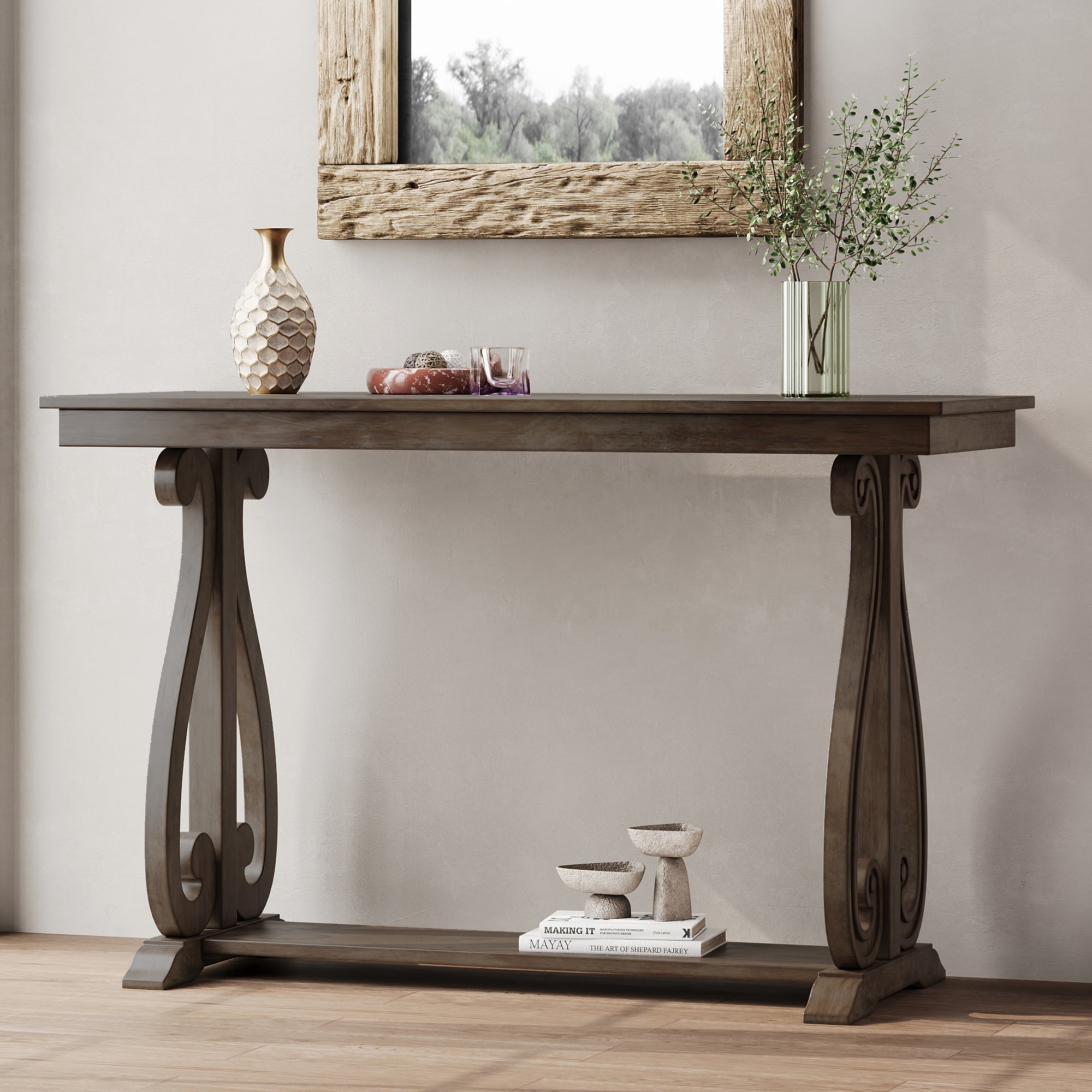 48-Inch Rustic Vintage Console Table --- Farmhouse Style Entryway Table with Open Shelf and Sturdy Construction (Walnut)