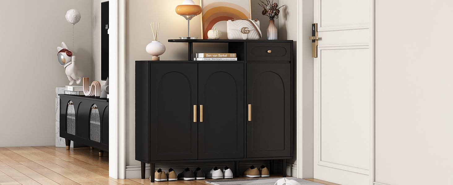 ON-TRANS Elegant Shoe Cabinet with Arched Doors and Drawers, Storage Side Panels, Adjustable Shelves and Solid Wood Legs, Black