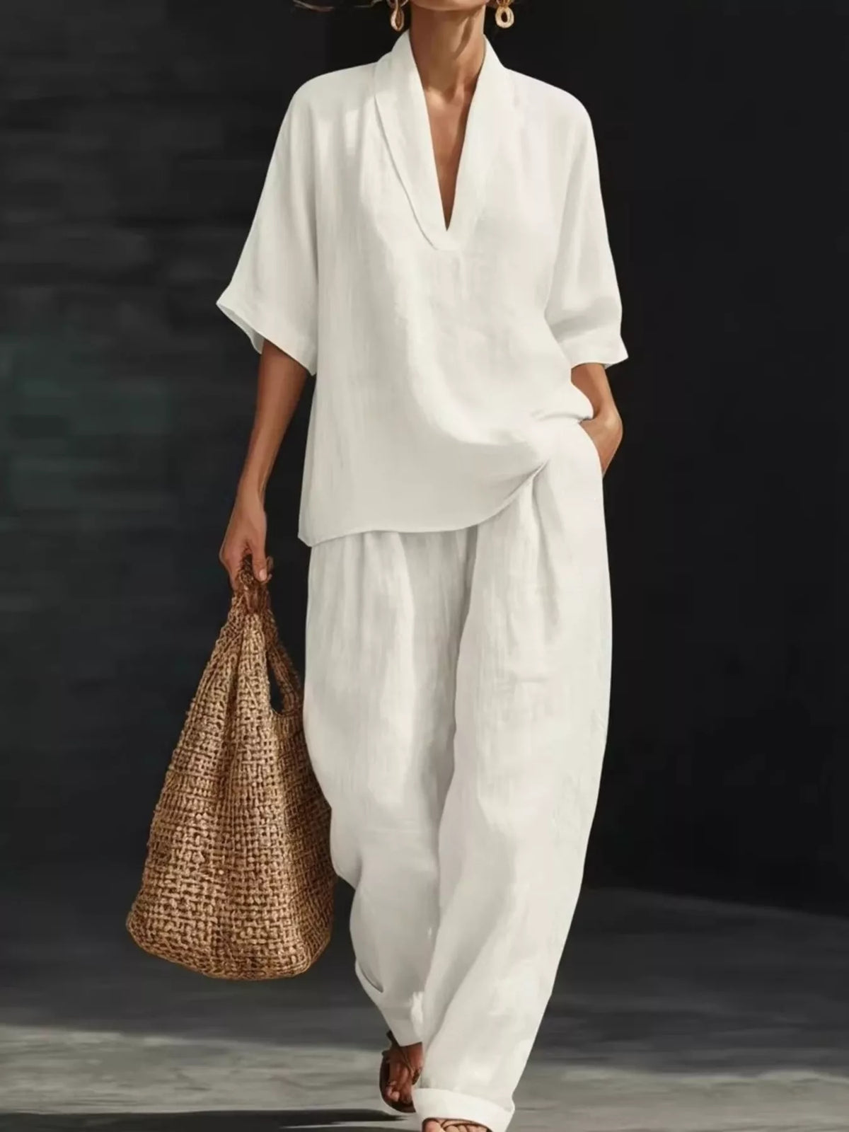 Half-sleeve wide-leg pants set – white
