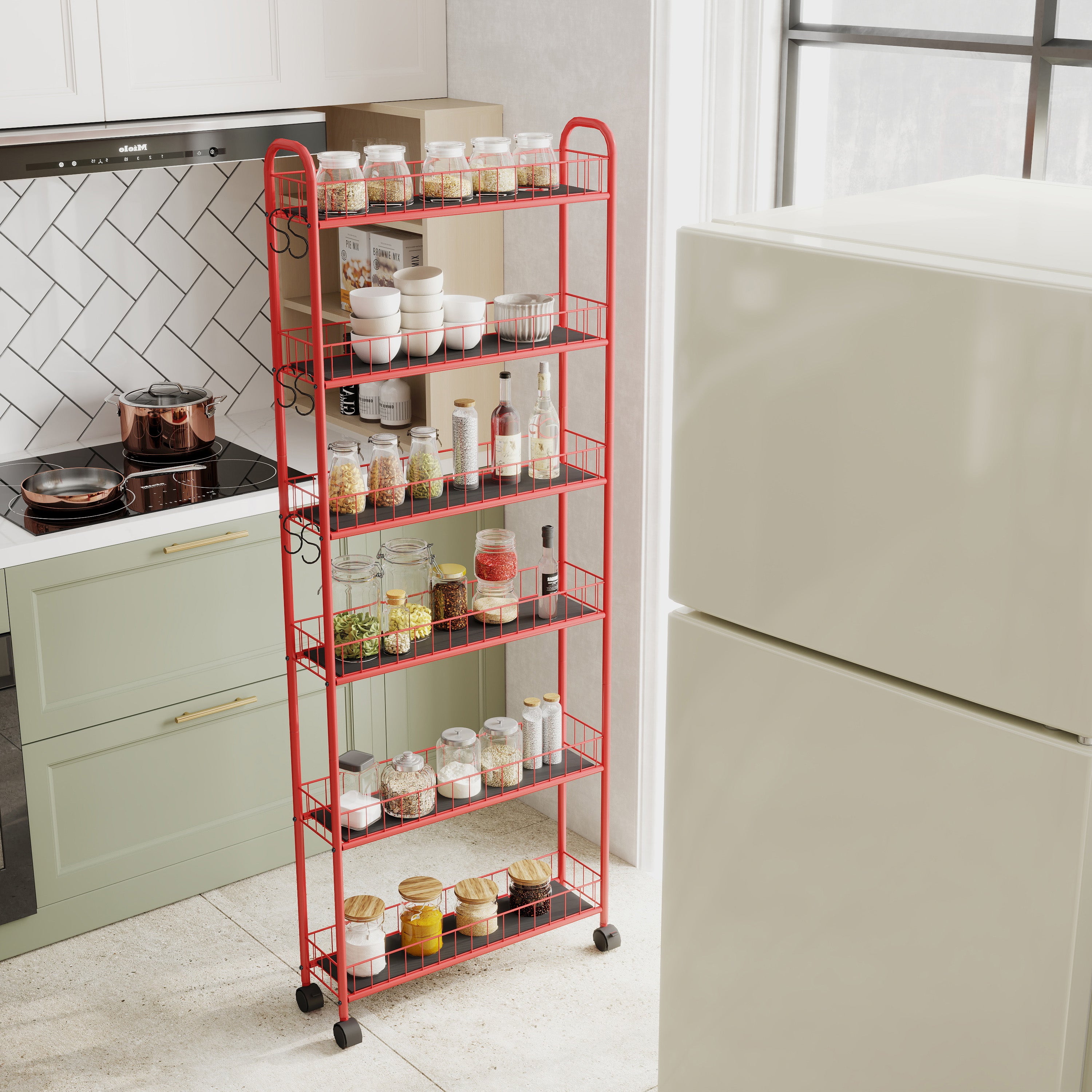 Red 6-story rolling cart gap kitchen ultra-thin sliding out storage tower shelf with wheels, 6 baskets