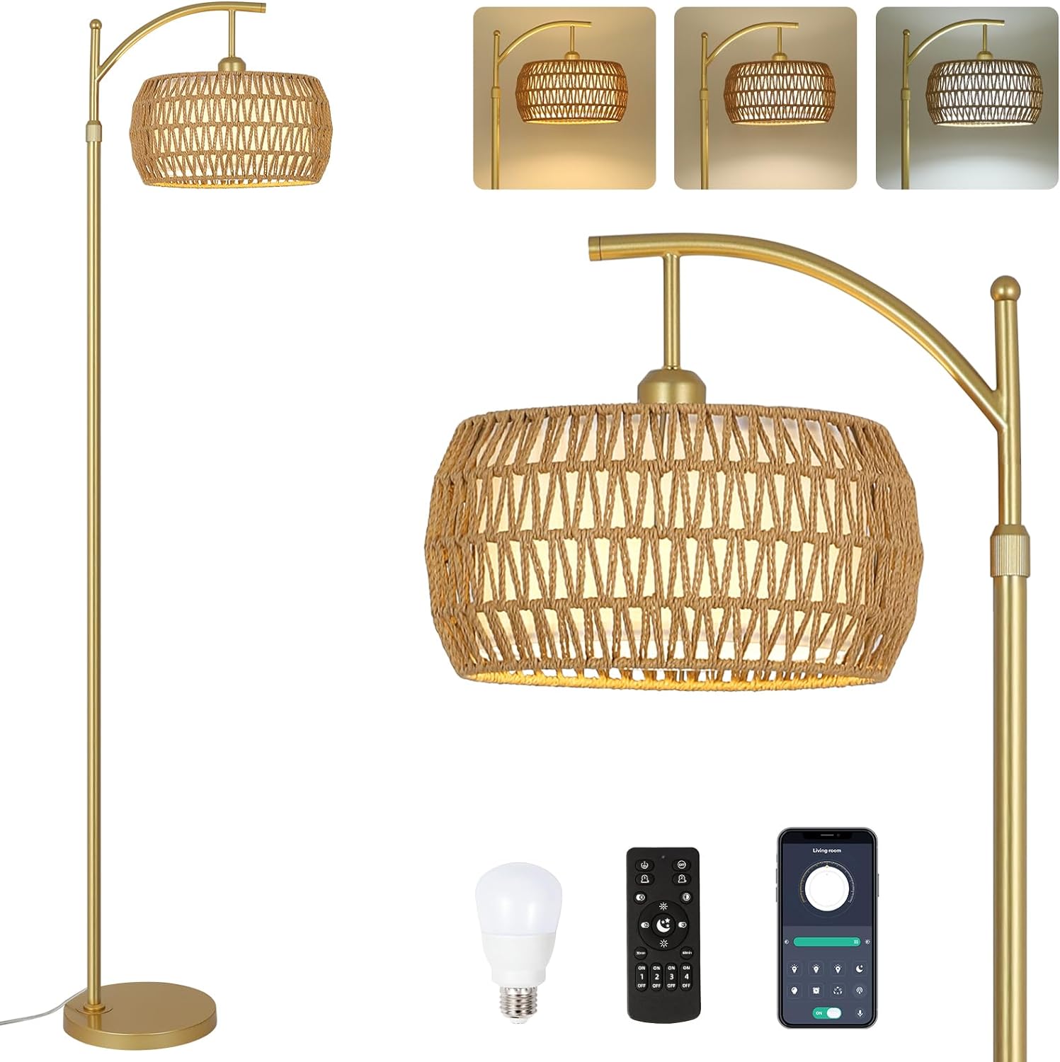 Arc Floor Lamp with 3 Color Temperatures, LED Gold Floor Lamp with Remote & Stepless Dimmable Bulb, Boho Standing Lamp