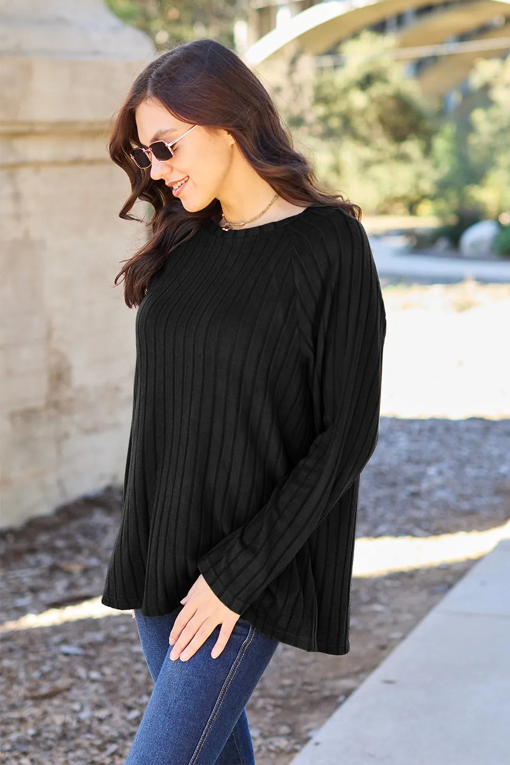 Ribbed long-sleeve knit top