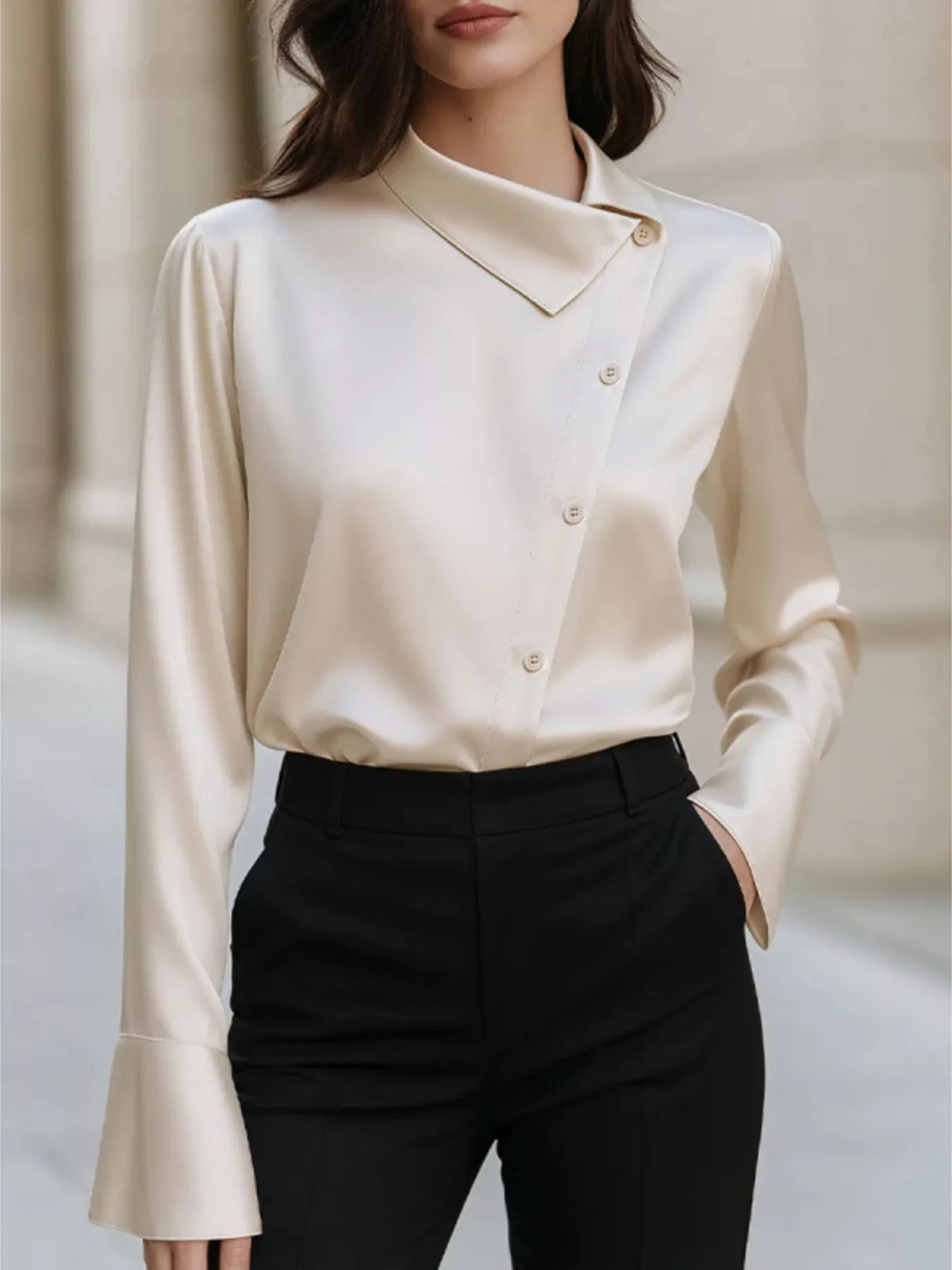 Asymmetric-collar satin blouse – beige