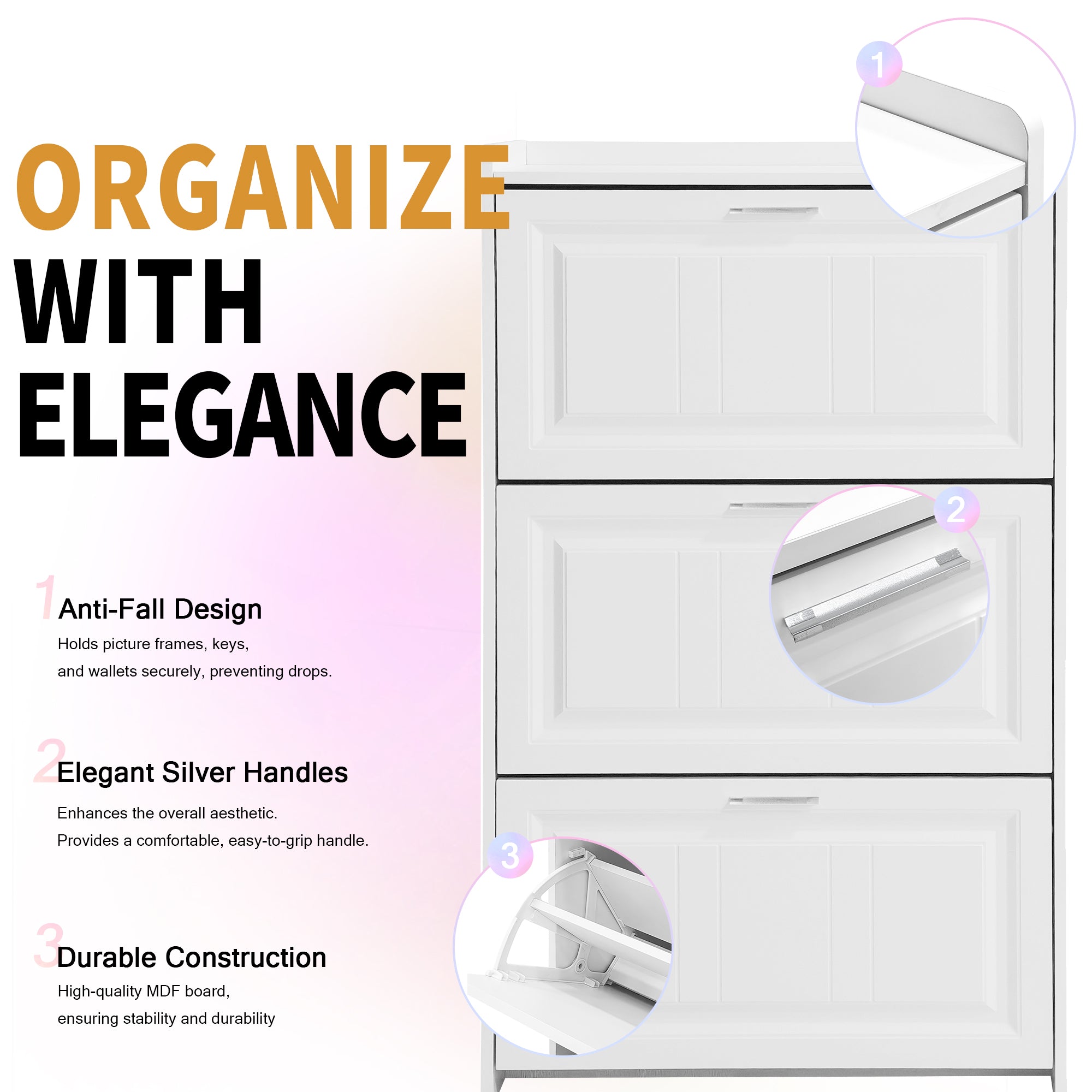 U-Can Shoe Storage Cabinet for Entryway with 3 Flip Drawers, Modern Shoe Organizer Cabinet, Free Standing Shoe Rack White