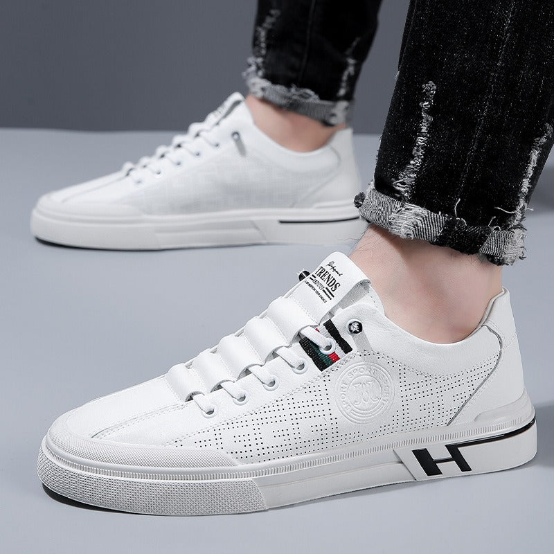 Summer hollowed out men's casual board shoes with soft leather sole and breathable single shoes, white shoes