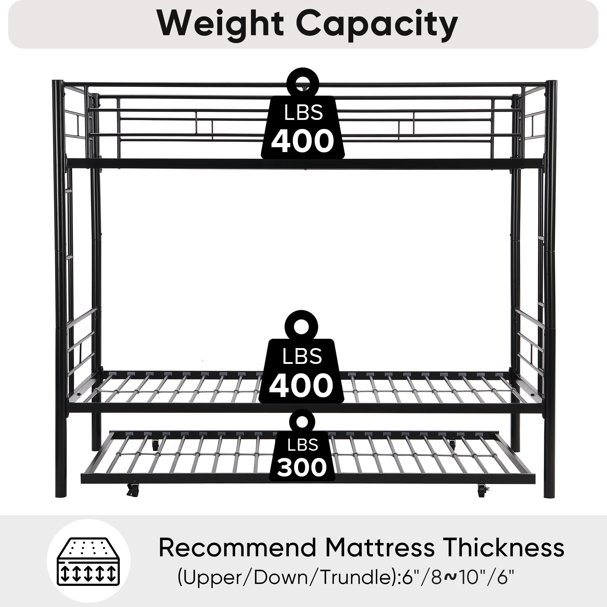 Twin bunk bed frame with trailer, metal bunk bed with sturdy guardrail and side ladder, can be divided into two beds, black