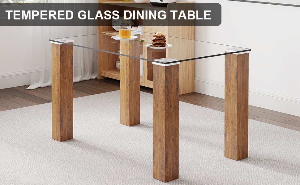 Modern minimalist rectangular dining table Glass desktop and wooden MDF table legs