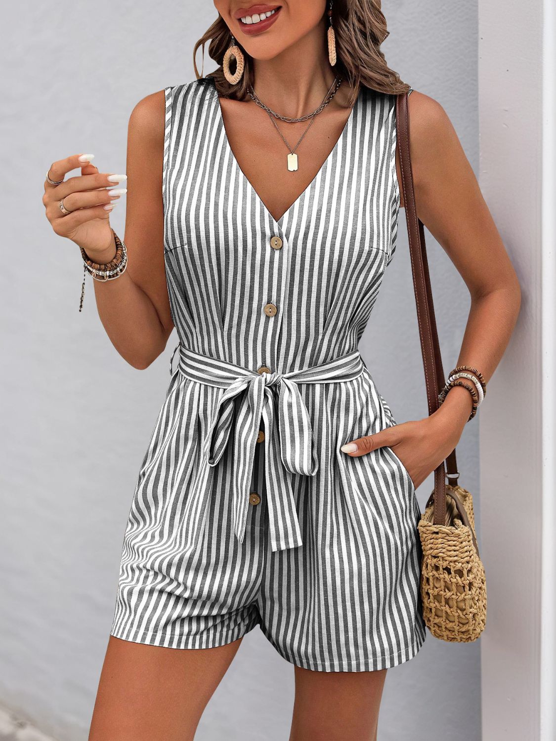 Striped V-neck tie waist romper