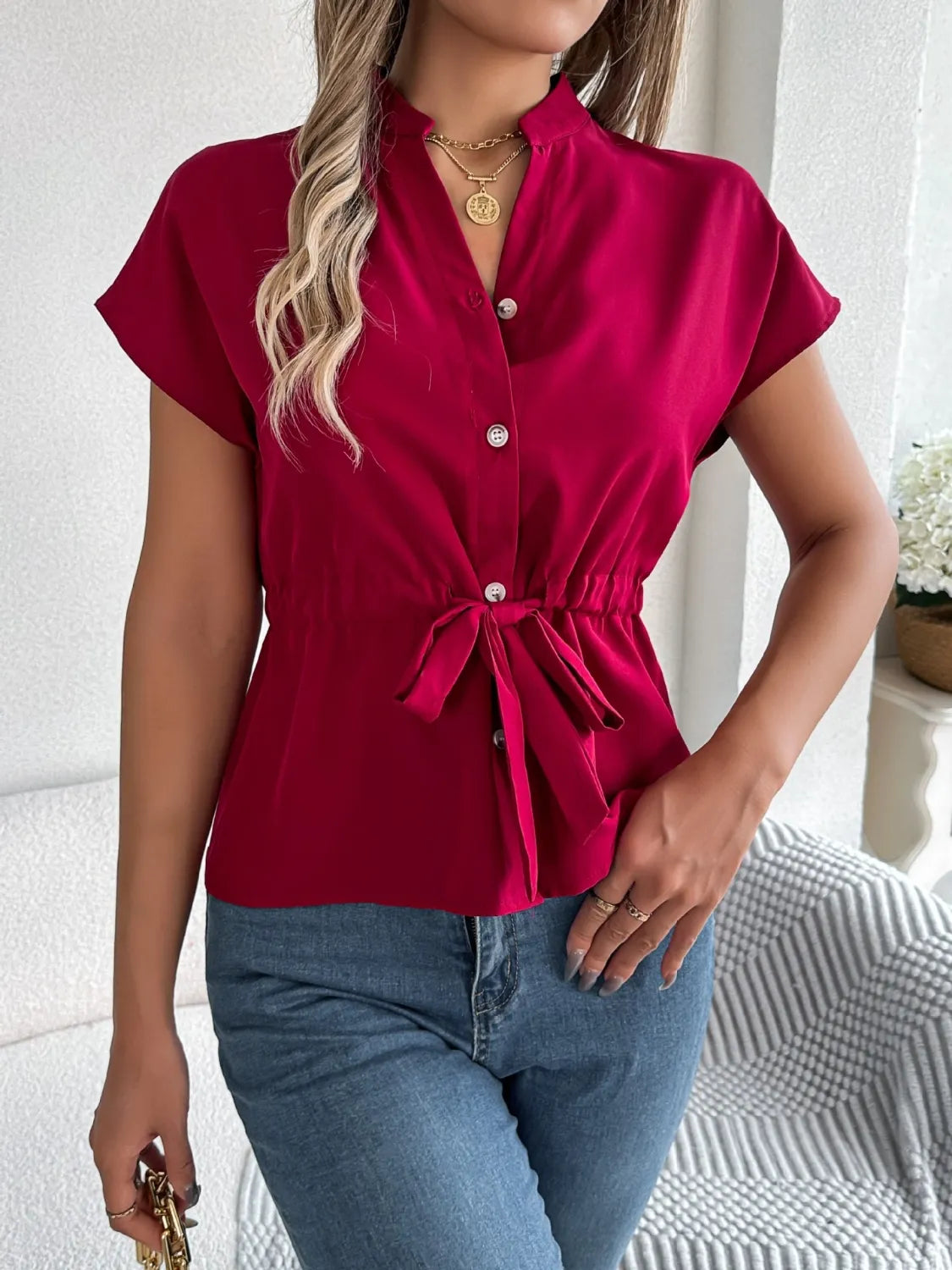 Notched short sleeve blouse