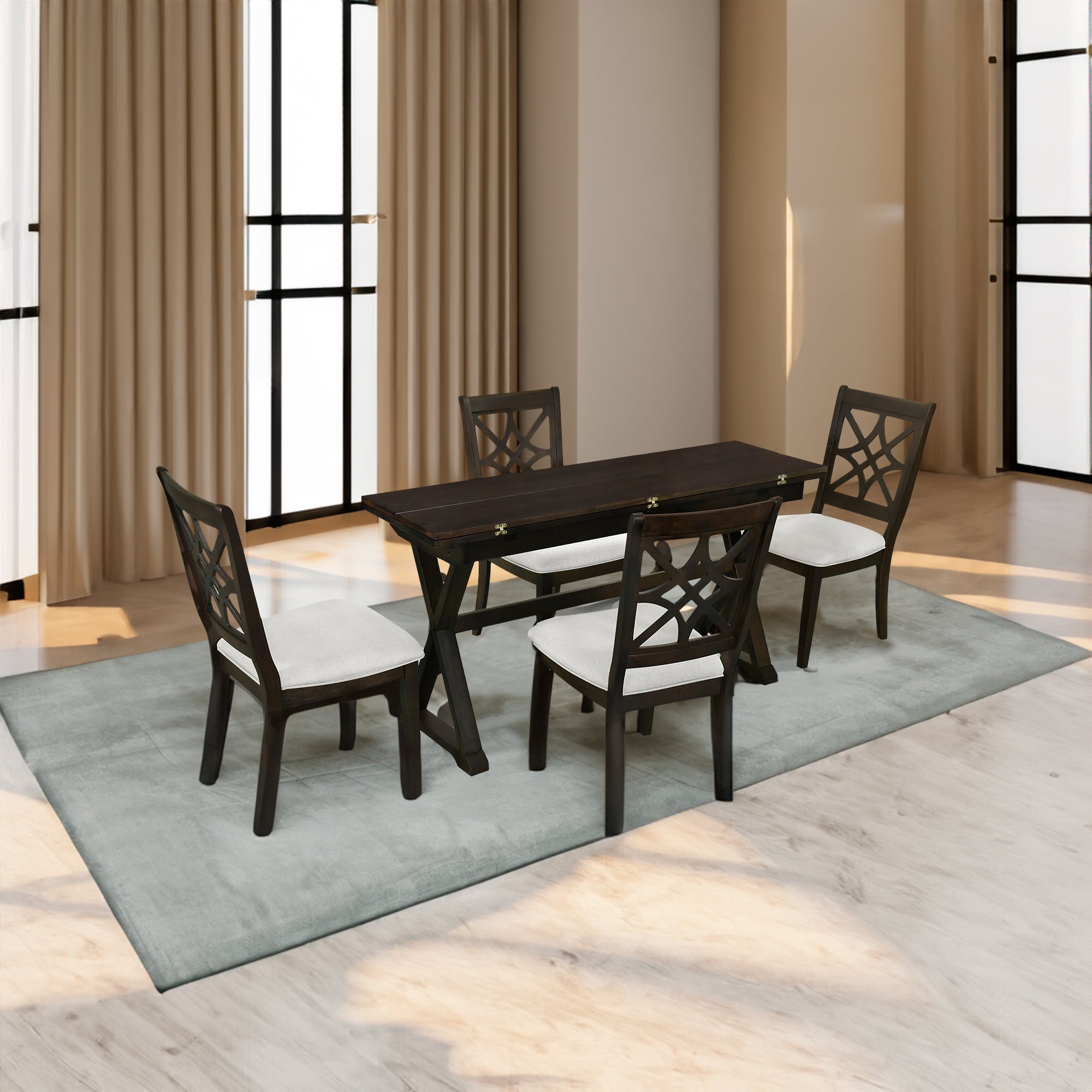 TOPMAX 5-piece set of 62 * 35.2-inch retractable dining table with two 8.8-inch consoles and deep walnut padded dining chairs