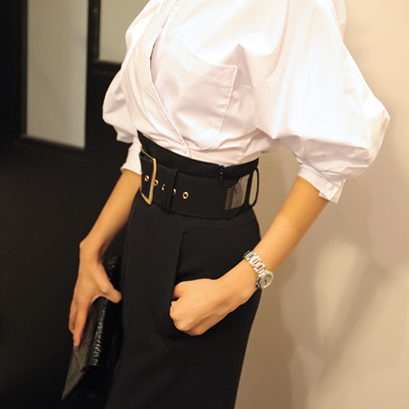 Tailored wide leg trousers, Black, waist detail