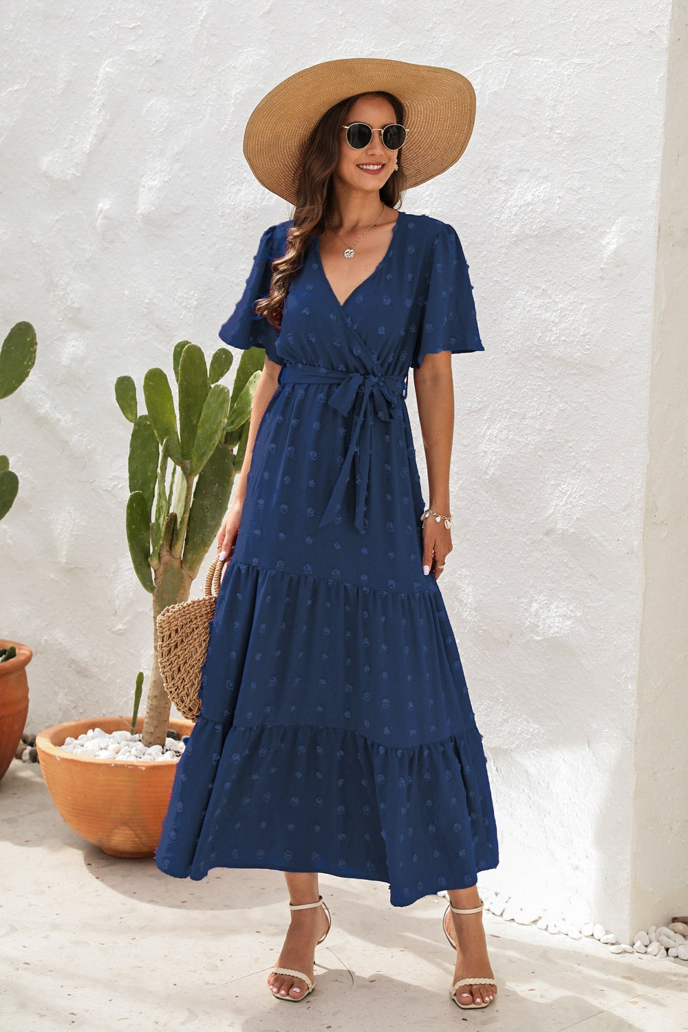 Swiss dot tied surplice short sleeve dress, Dark Blue