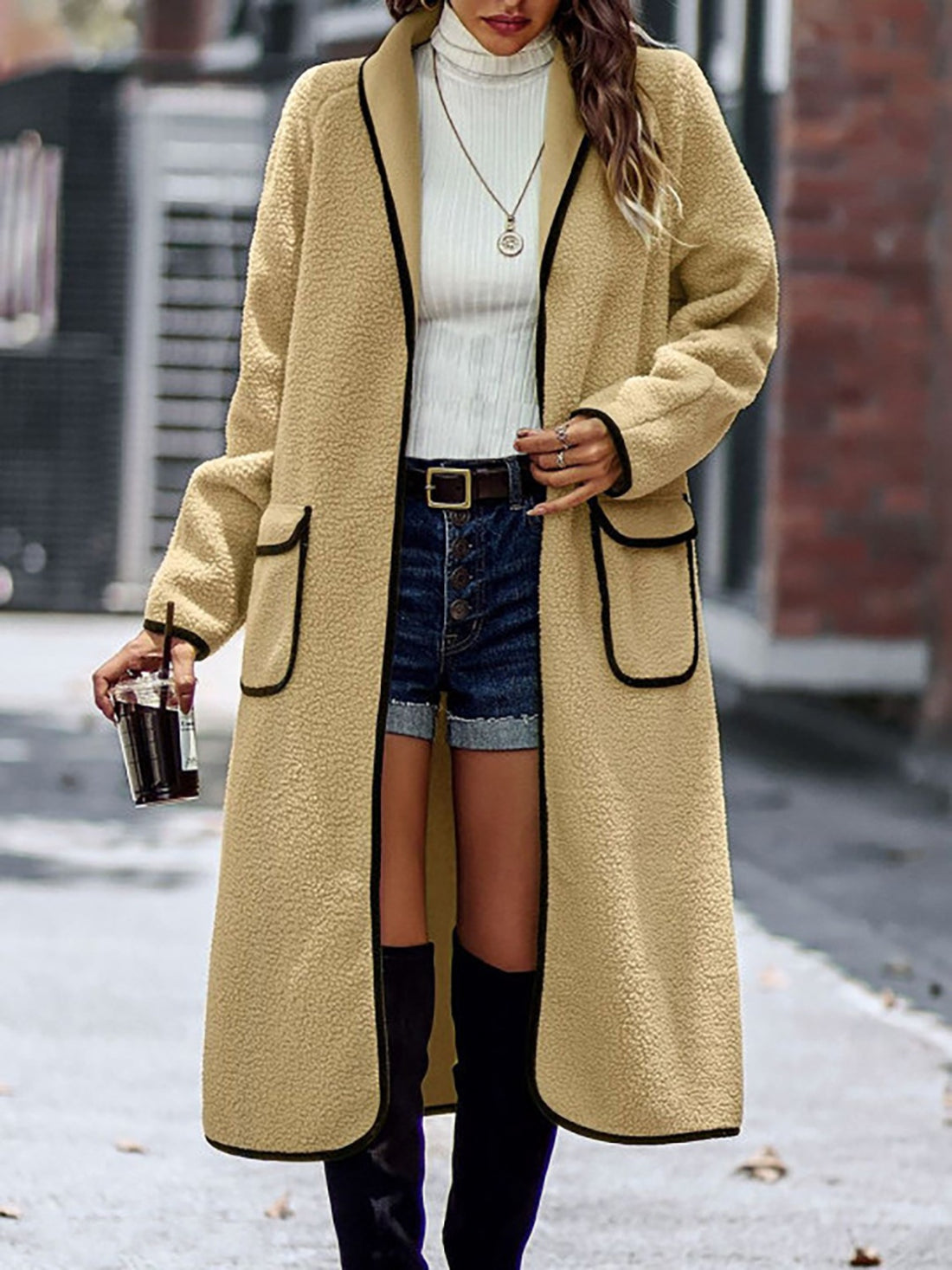 Contrast trim long sleeve coat with pockets