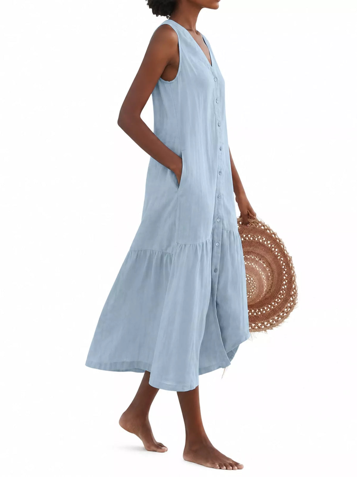 V-neck button front sleeveless midi dress