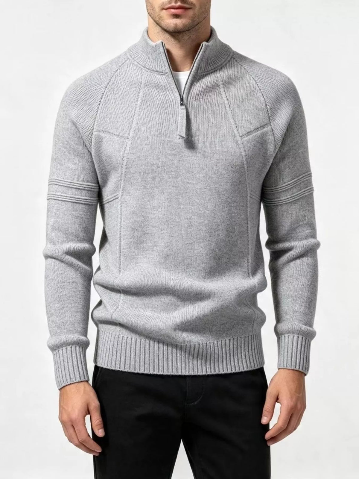 Ribbed quarter-zip sweater – light gray