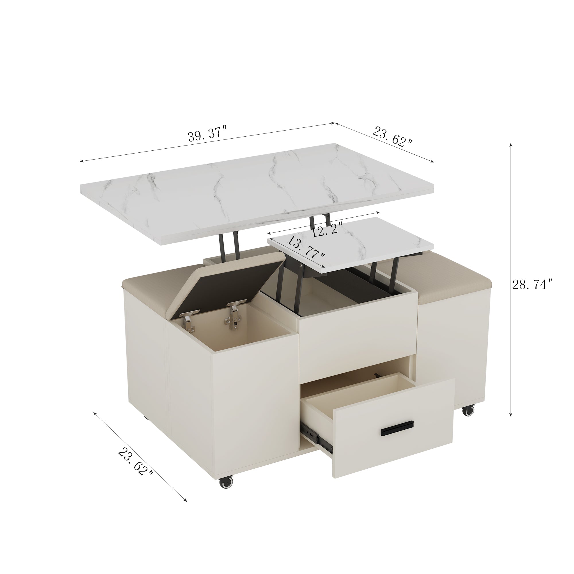 Modern lift coffee table, living room with 4 chairs, expandable 1 hidden storage space+2 drawers, folding dining table