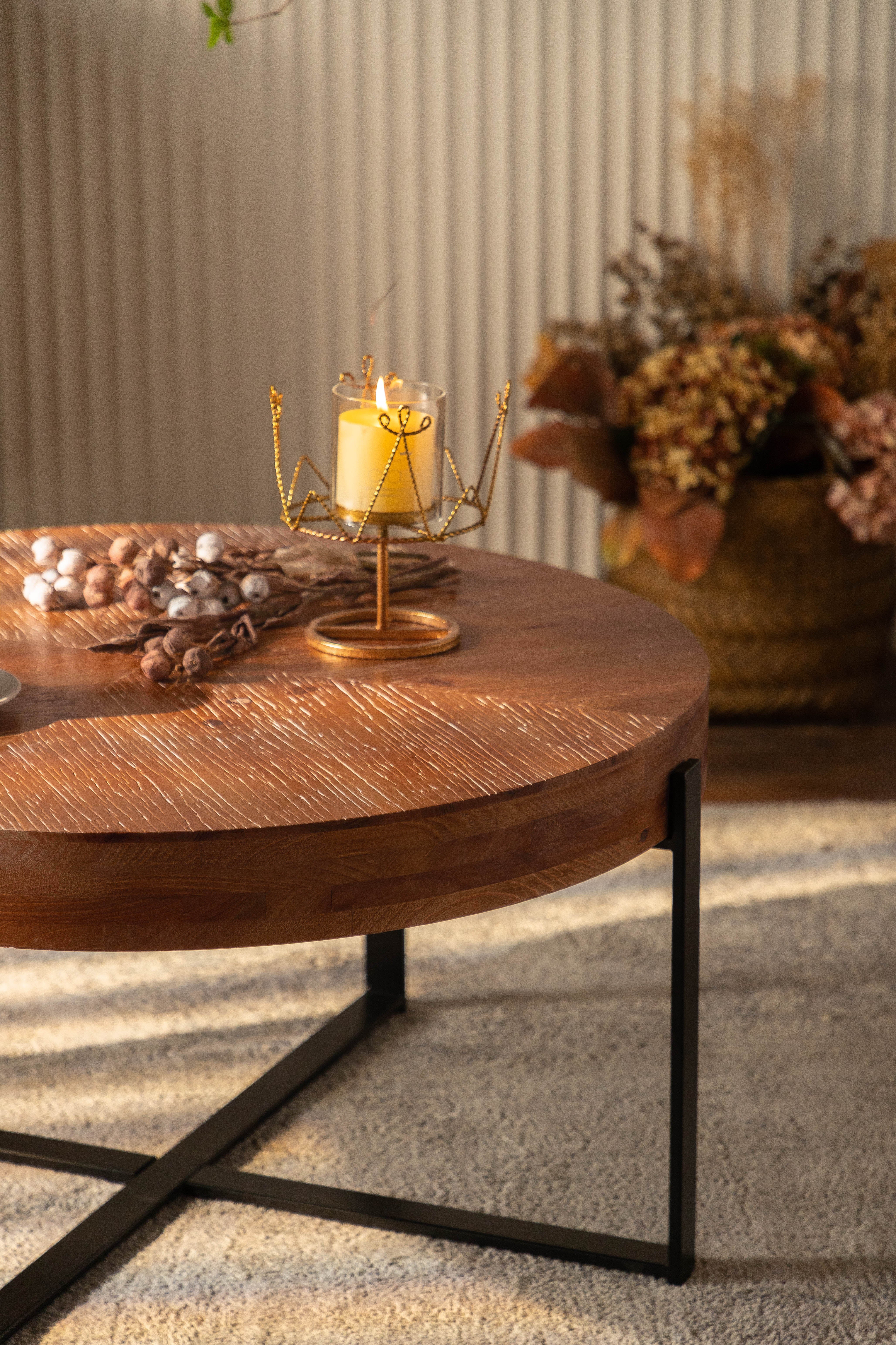 33.86"Modern Retro Splicing Round Coffee Table Fir Wood Table Top with Black Cross Legs Base(Same SKU:W757126237)