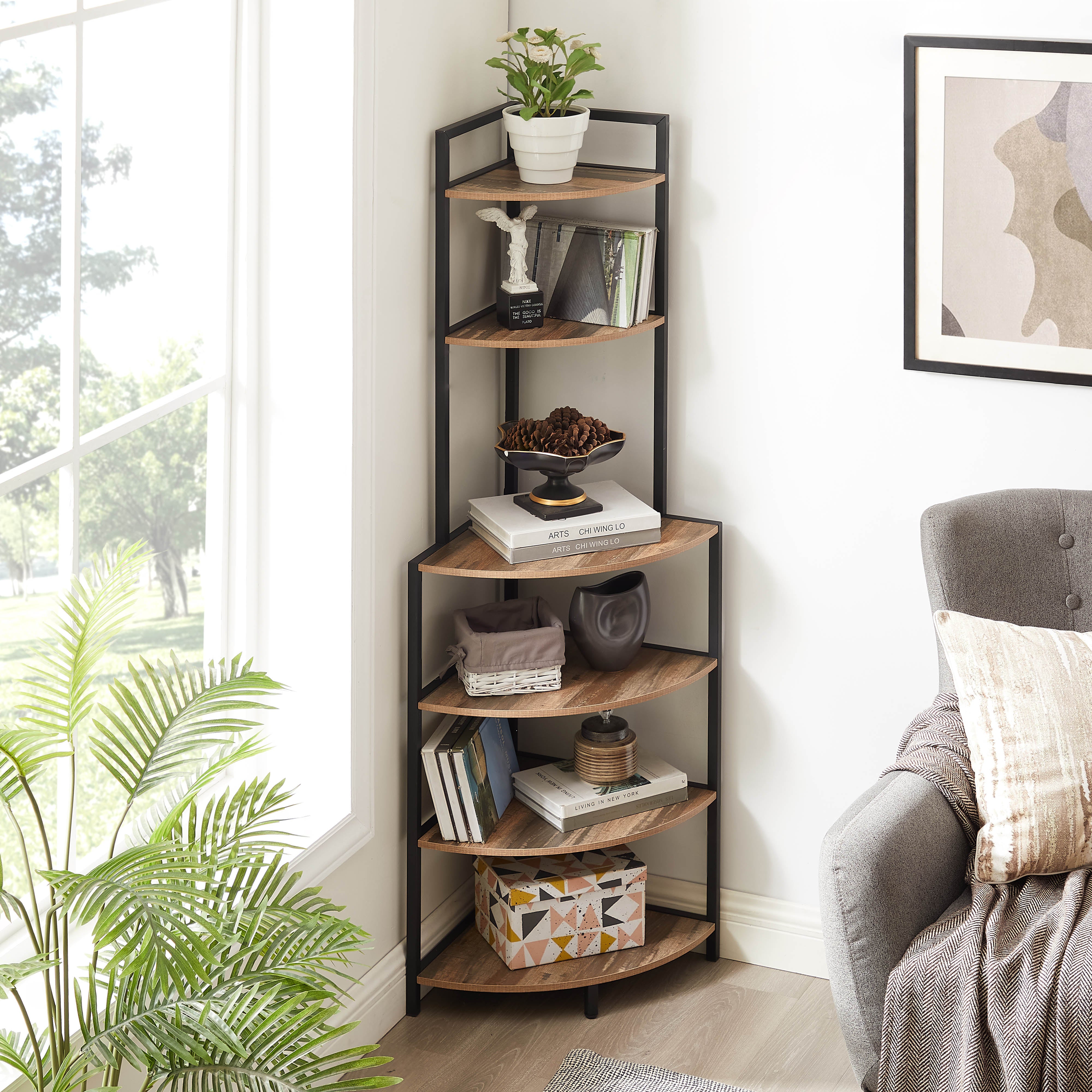 6-story corner open bookshelf modern bookshelf wooden frame independent bookshelf unit, country brown