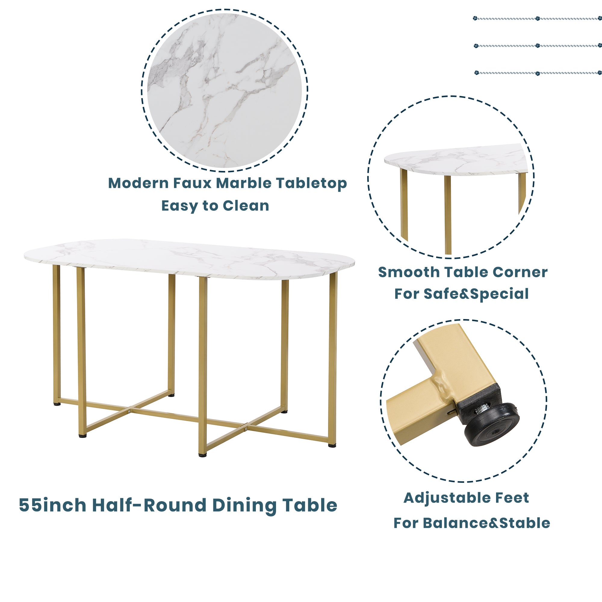 TOPMAX Modern 7-Piece Dining Table Set with Faux Marble Compact 55Inch Kitchen Table Set for 6  Golden+White