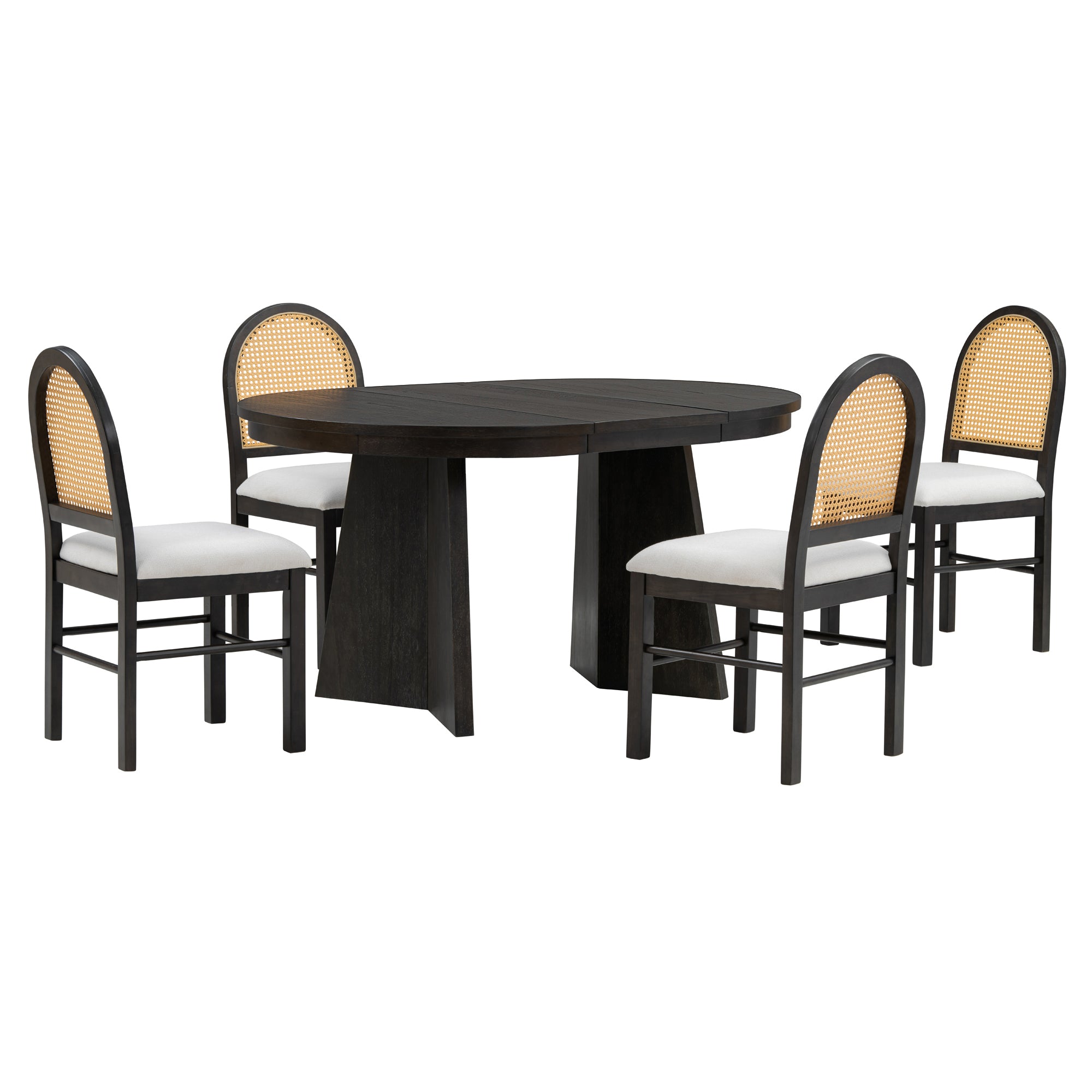 TREXM 5-piece retro functional cutlery set with 1 expandable dining table and 4 cushioned chairs with rattan backrests (espresso