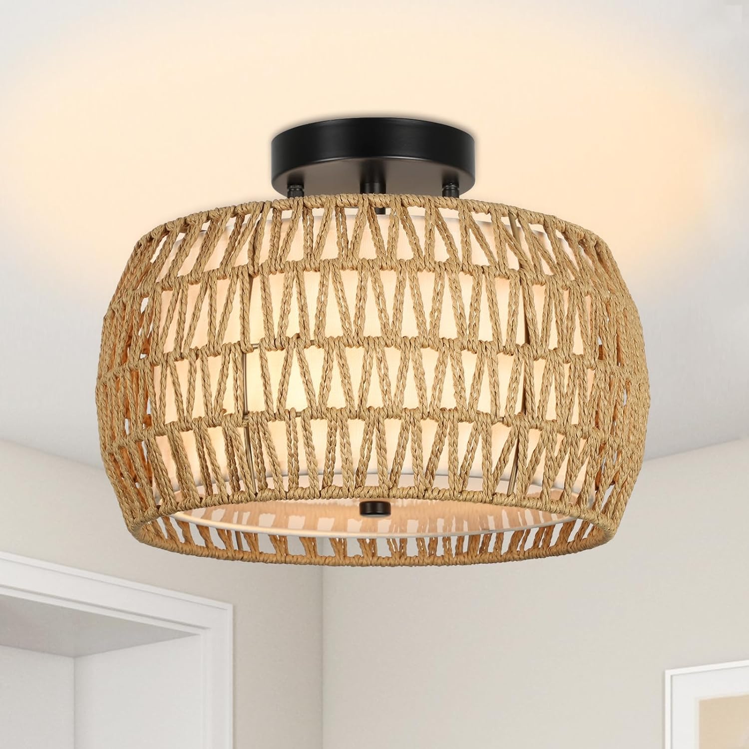 Boho Light Fixtures Ceiling Mount, Rattan Semi Flush Mount Ceiling Light, Farmhouse Light Fixtures with Fabric Shades