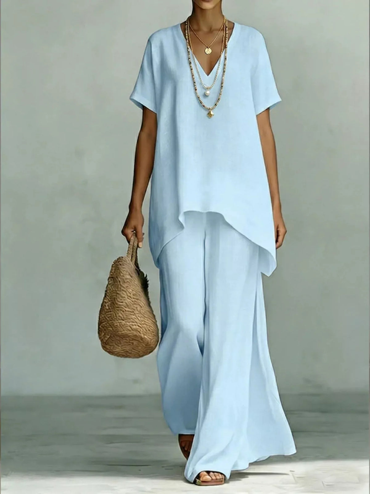 V-neck wide-leg pants set – light blue