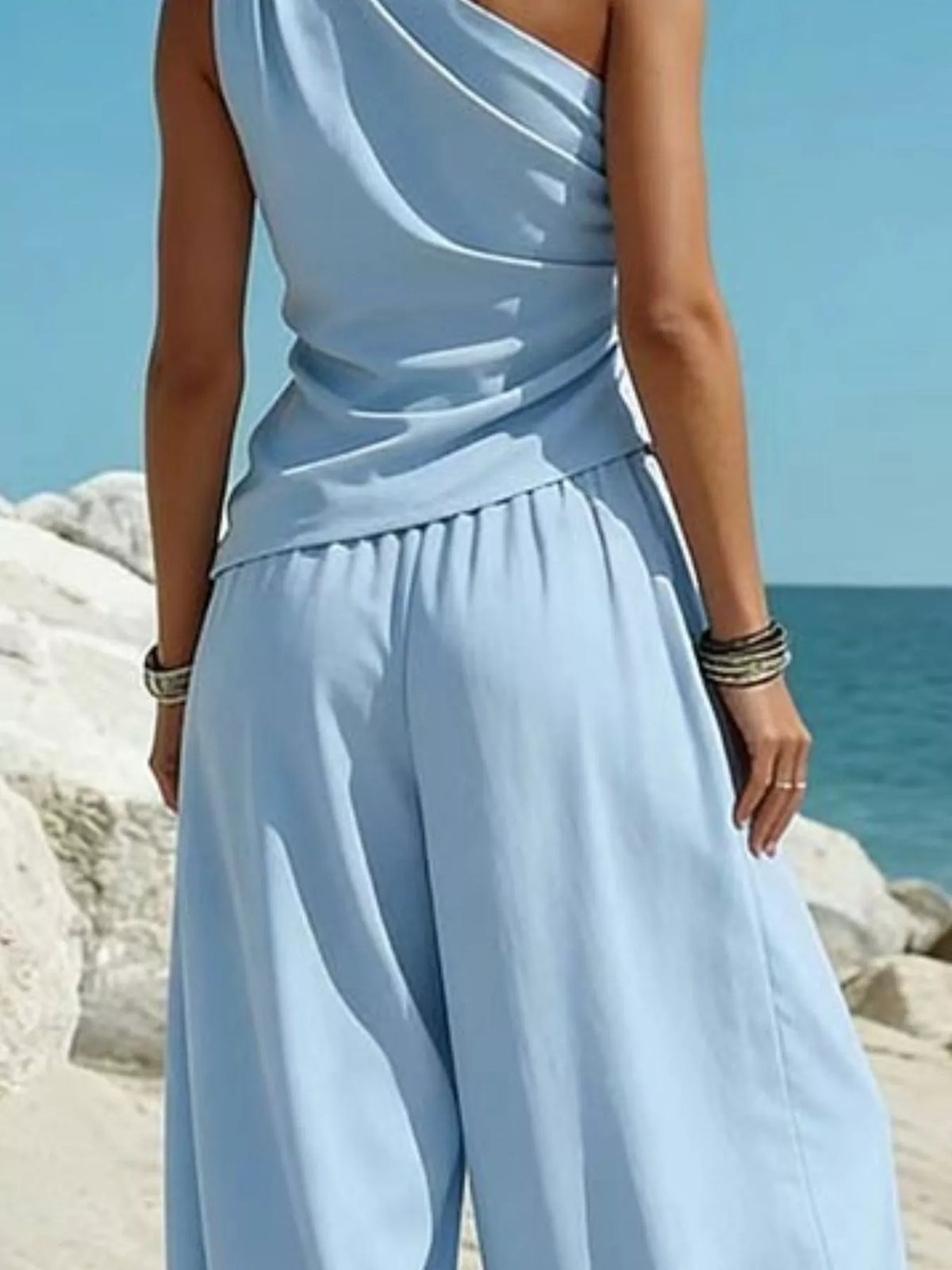 One-shoulder sleeveless top and harem pants set