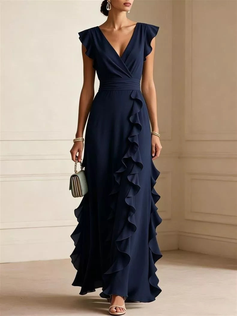 Ruffled surplice maxi dress – navy blue
