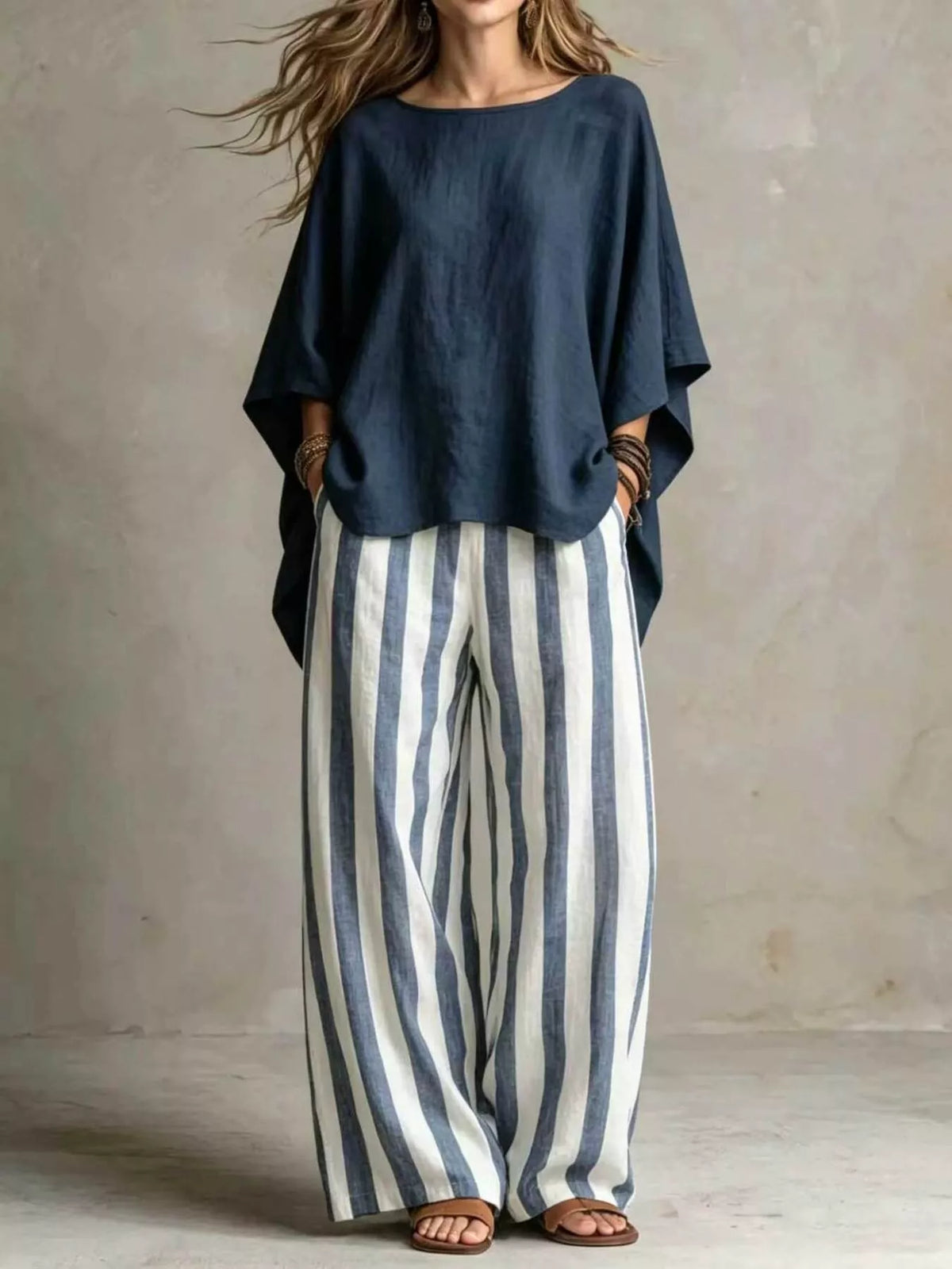 Relaxed top and pants set – navy blue