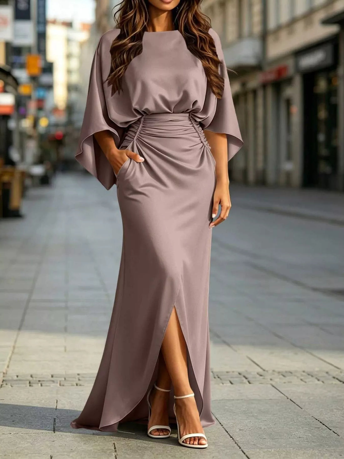 Ruched-waist pocket maxi dress – dusty pink