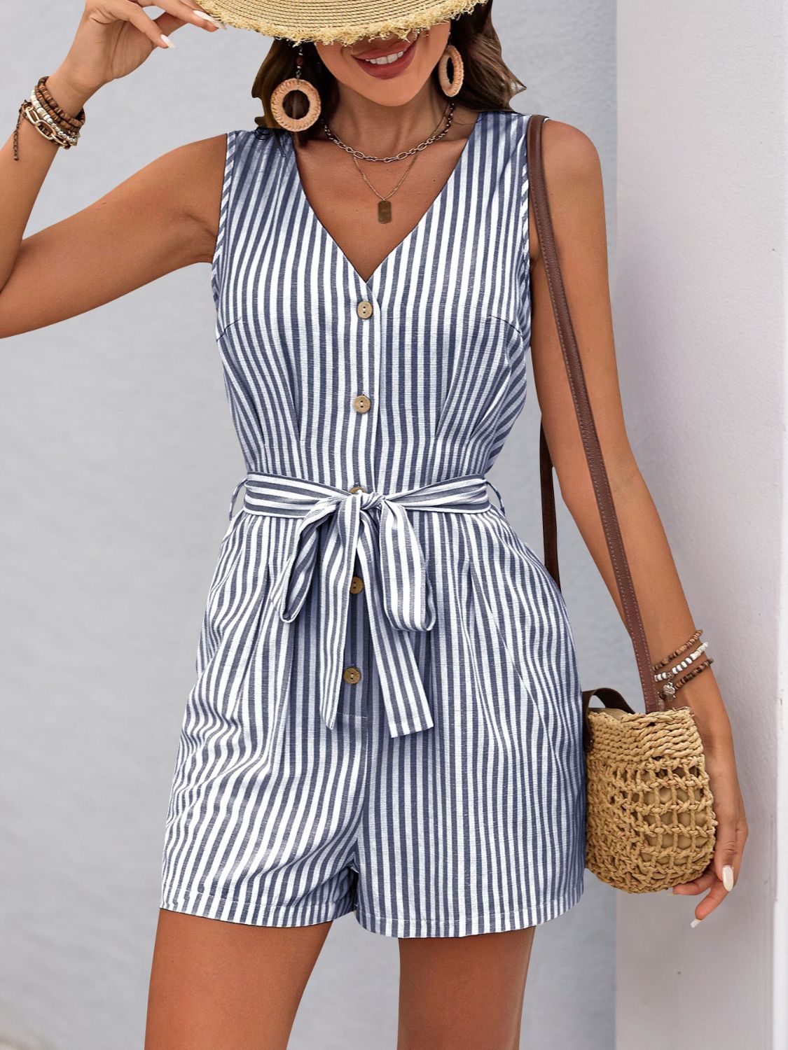 Striped V-neck tie waist romper