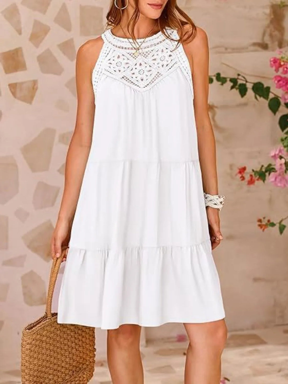 Ruffled hem lace sleeveless dress, White