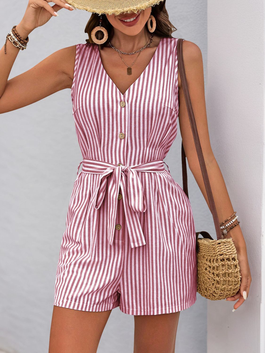 Striped V-neck tie waist romper