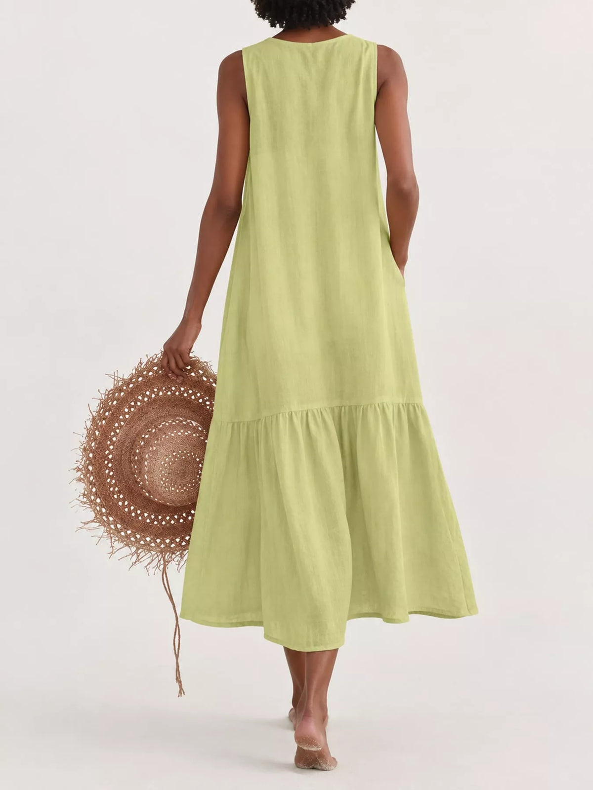 V-neck button front sleeveless midi dress