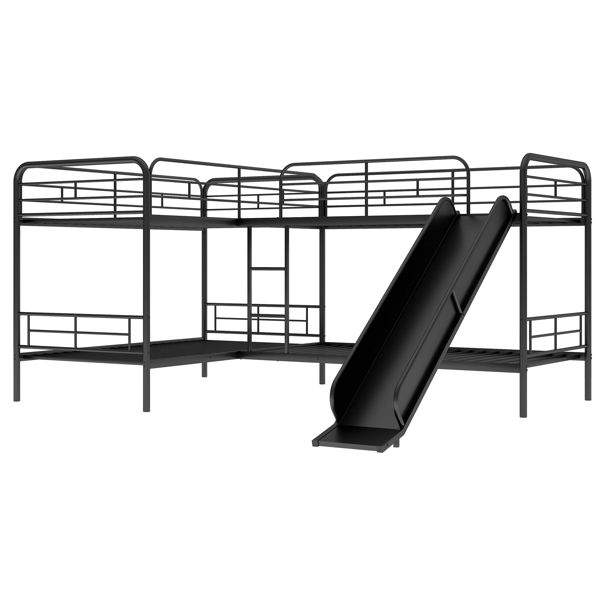 Twin Size L-Shaped Bunk Bed with Slide and Ladder  Black