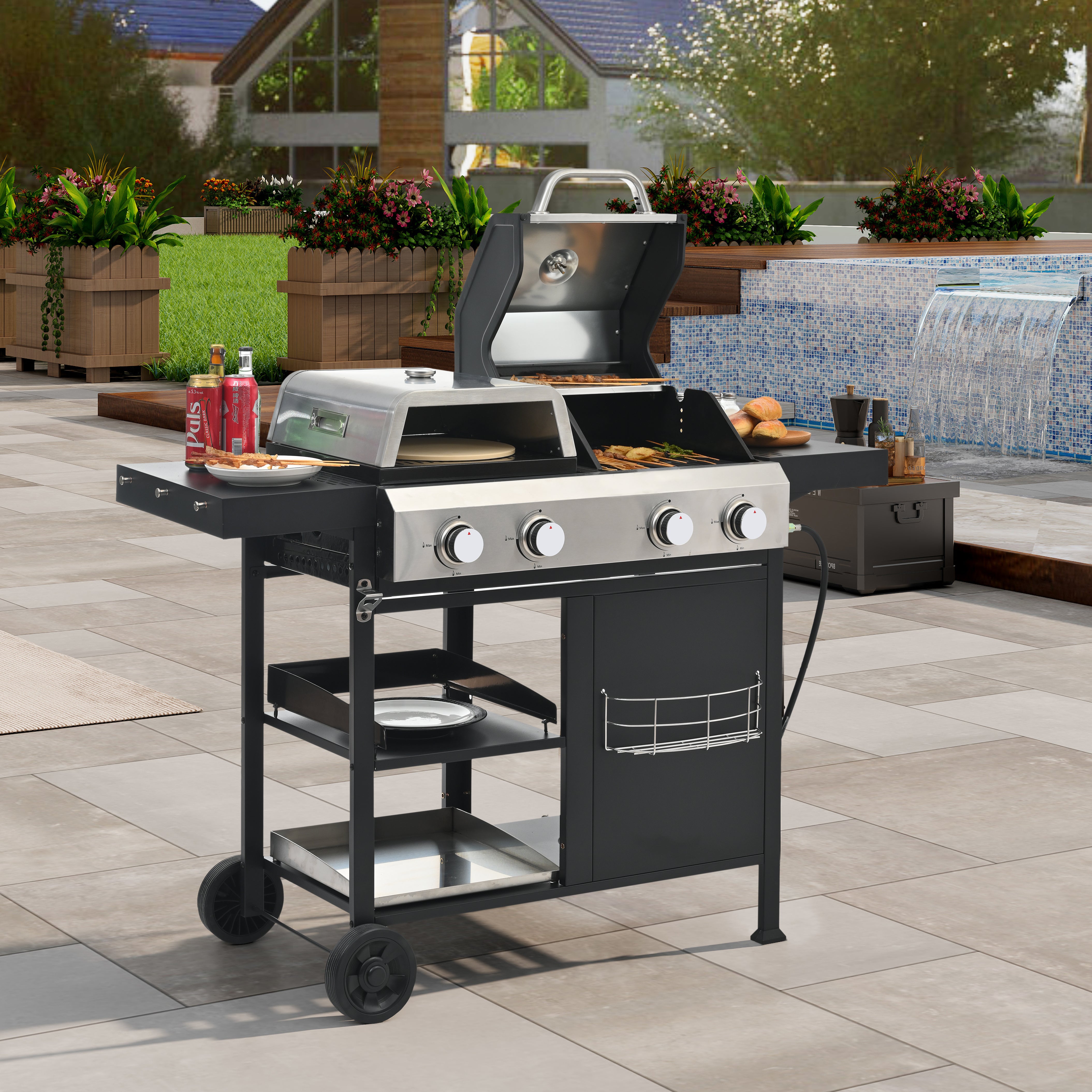 2+2 multifunctional gas barbecue grill and covered grill combination for outdoor cooking - barbecue, barbecue, pizza.